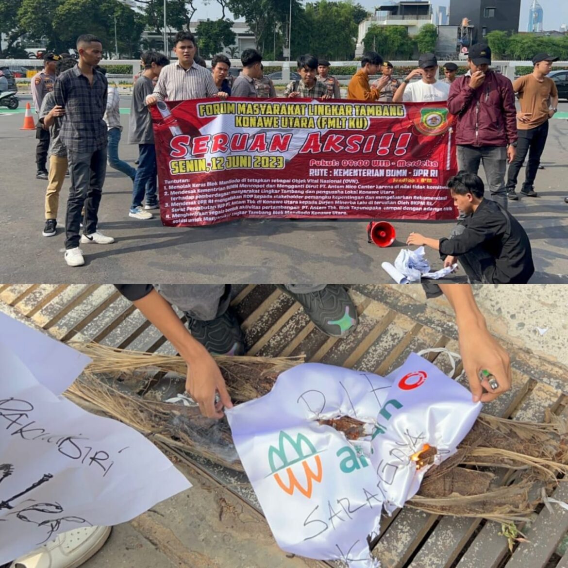 Aksi Tolak PT. Antam Tbk. di Konawe Utara Diwarnai dengan Aksi Bakar Bendera Antam Sebagai Bentuk Kekecewaan di BUMN RI dan DPR RI