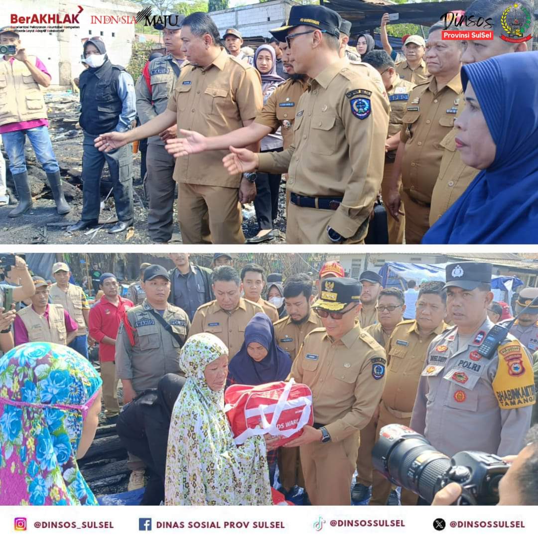 Pj Gubernur Sulawesi Selatan Didampingi Oleh Kepala Dinas Sosial Malik Faizal Beserta Kepala BPBD Prov Sulsel Menyerahkan Bantuan Kepada Korban Bencana