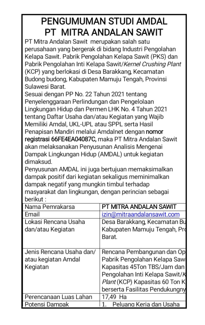 PENGUMUMAN STUDI AMDAL PT  MITRA ANDALAN SAWIT